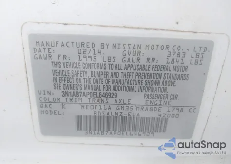 2014 Nissan Sentra Fe+ Sv z USA, uszkodzony, nr VIN 3N1AB7AP0EL646929